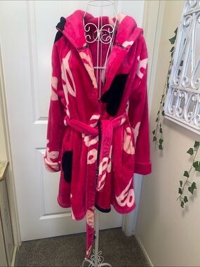 Betsey Johnson Hot Pink Plush Hooded Robe with Black & Cream Accents